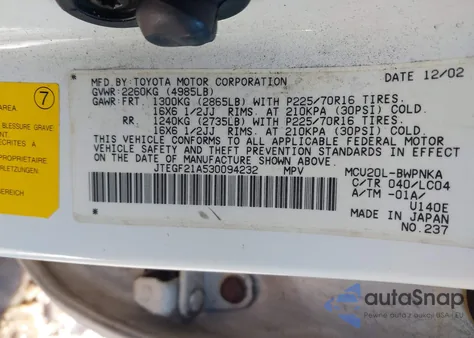 2003 Toyota Highlander Limited V6 from USA, damaged, VIN JTEGF21A530094232